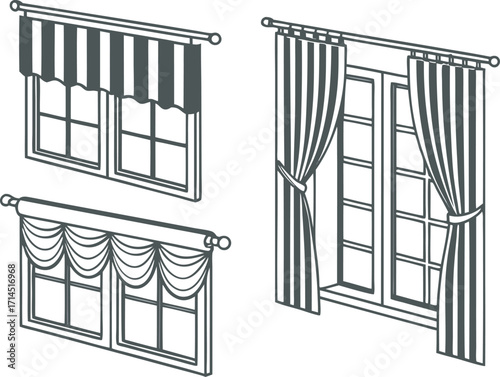 Various Window Treatments Showcasing Different Drapery Styles and Valances