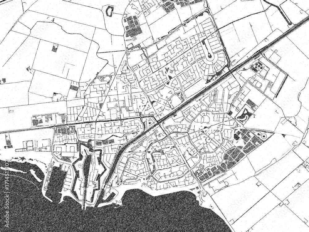 Fototapeta premium Artistic urban sketch of Hellevoetsluis, Netherlands, detailed in black and white map form.