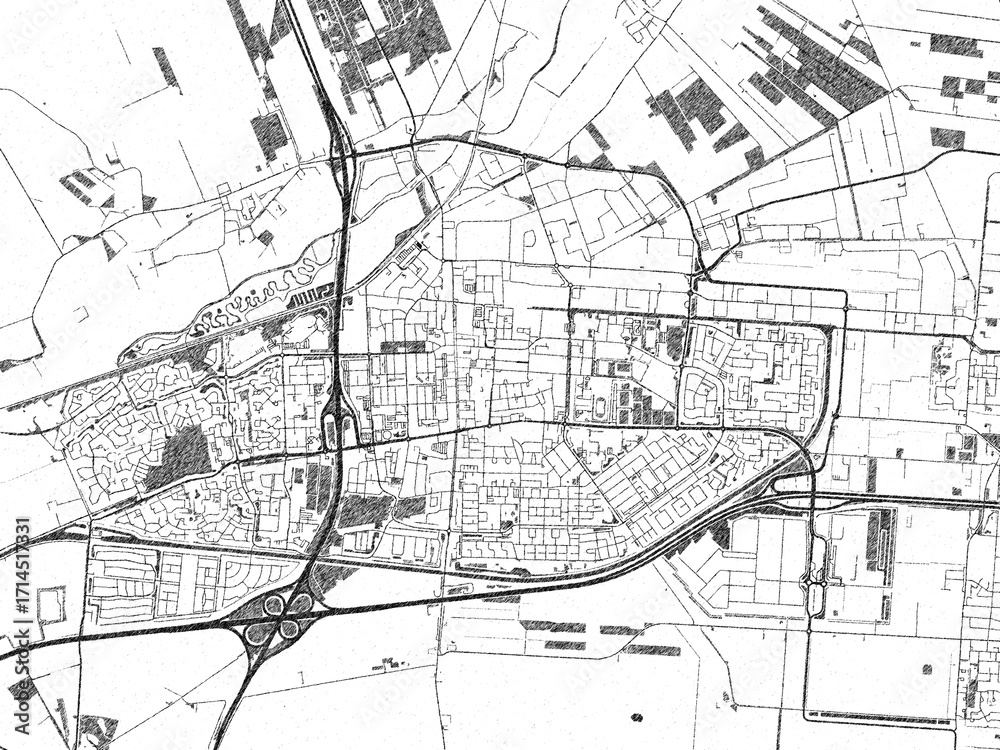 Naklejka premium Detailed black and white map of Hoogeveen, Netherlands, in artistic sketch style.