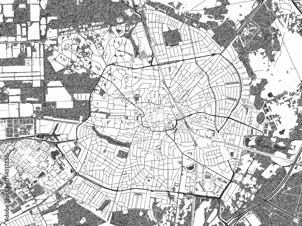 Fototapeta premium Artistic urban sketch of Hilversum, Netherlands, detailed in black and white map form.