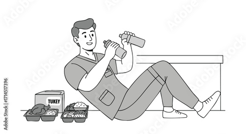 Dedicated healthcare professional embraces a balanced diet by preparing nutritious pre-made meals and health drinks, highlighting commitment to well-being and active living