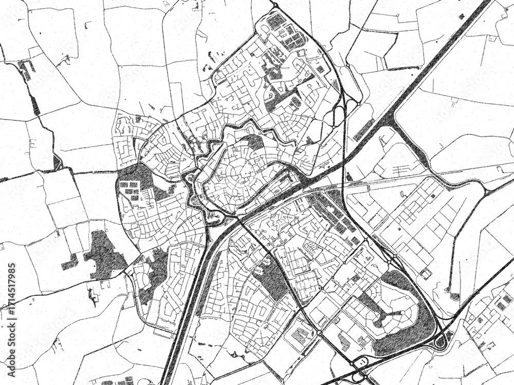 Obraz premium Black and white map poster of Middelburg, Netherlands, illustrated in hand-drawn style.