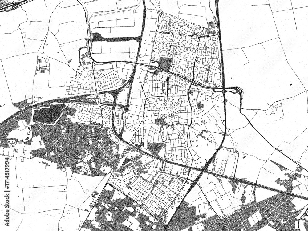 Fototapeta premium Poster-ready black and white illustration map of Oosterhout, Netherlands, detailed and artistic.