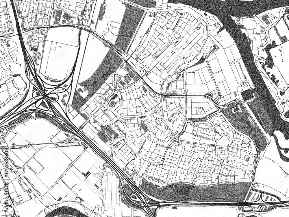 Obraz premium Black and white map poster of Ridderkerk, Netherlands, illustrated in hand-drawn style.