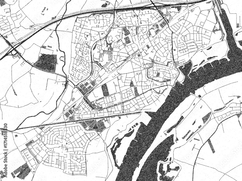 Naklejka premium Black and white map poster of Tiel, Netherlands, illustrated in hand-drawn style.