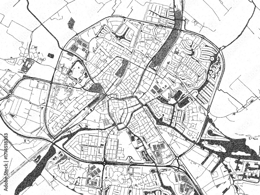 Naklejka premium Monochrome hand-drawn map of Sneek, Netherlands, ideal for decorative and editorial use.