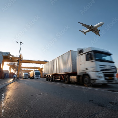 Busy logistics hub with trucks and airplane highlights dynamic nature of transportation industry, showcasing efficient cargo movement and global connectivity