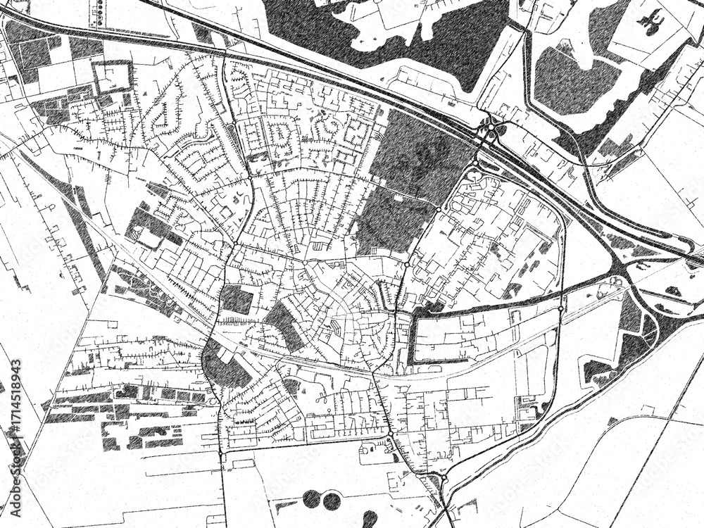 Fototapeta premium Urban black and white map of Winschoten, Netherlands, designed in a sketch style for prints.