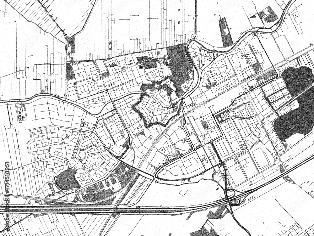 Fototapeta premium Stylized decorative city map of Woerden, Netherlands, hand-drawn in black and white.