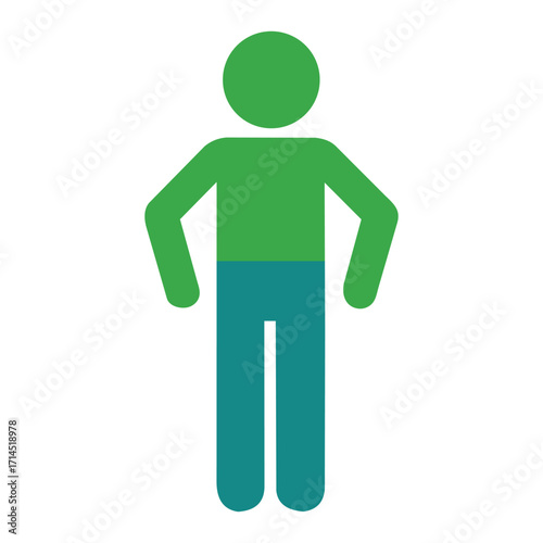 Green and blue person icon isolated on white background representing human figure and individual standing upright