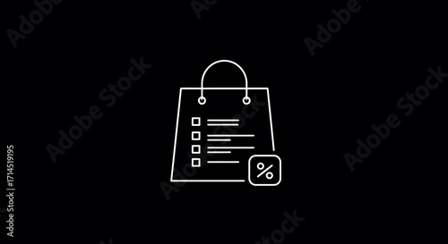 Close-up flat lay of a shopping bag checklist with percentage discount symbol, against a black background; clean, minimalist style conveying a concept of saving money.