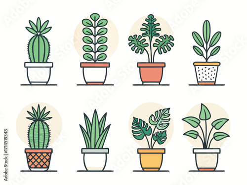 Vector art of a vibrant assortment of potted plants, , showcasing a variety of cacti and leafy greens, perfect for adding a touch of nature to any space