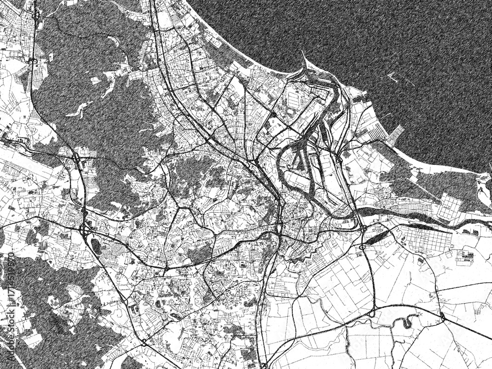 Naklejka premium Artistic urban sketch of Gdansk, Poland, detailed in black and white map form.