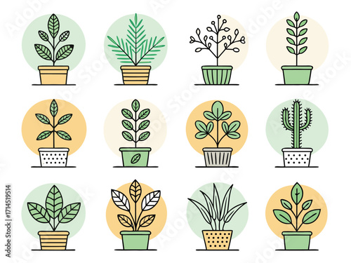 Vector art of a charming assortment of potted plants, , each with unique foliage and pot designs, set against pastel circles, creating a whimsical and decorative botanical display
