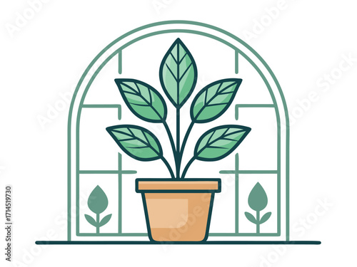 Vector art of indoor plant in a pot in front of a window, showcasing its lush green leaves and decorative pot, perfect for adding a touch of nature to any interior space