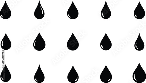Collection of black water droplets, showcasing various shapes and sizes, creating a visually appealing pattern