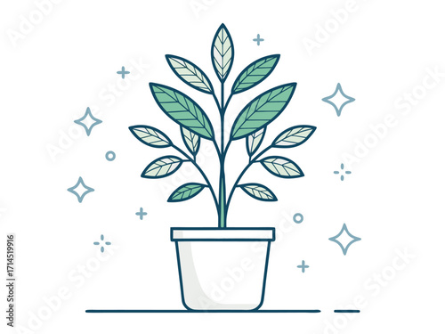 Illustration of a potted plant with sparkling accents, , conveying a sense of growth and freshness, ideal for decorative and botanical themes