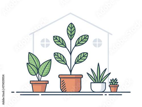 Illustration of four potted plants in front of a house, featuring diverse plant species and pot styles, creating a cozy and inviting indoor garden scene