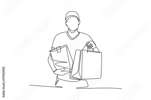 Delivery goods and food concept. Single line draw design. Vector graphic illustration