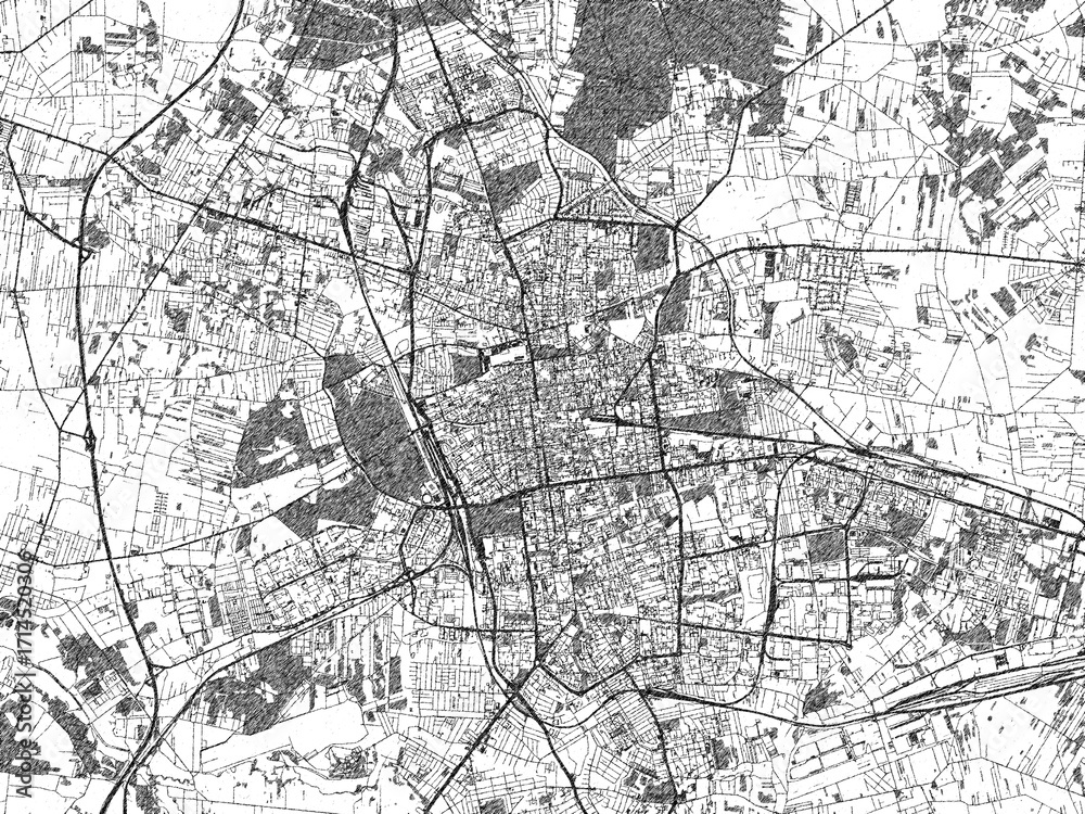 Naklejka premium Illustrated city map of Lodz, Poland, in black and white, showing roads and textures.