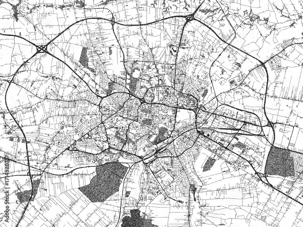 Naklejka premium Monochrome sketch map of Lublin, Poland, ideal for posters, prints, and travel design.