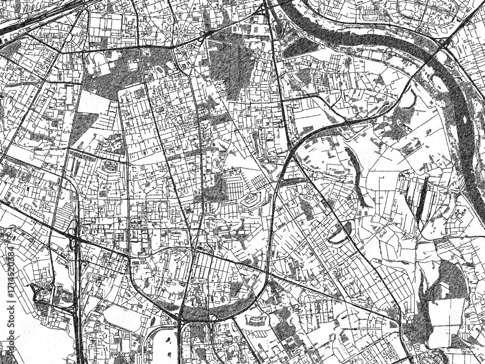 Naklejka premium Poster-ready black and white illustration map of Mokotow, Poland, detailed and artistic.