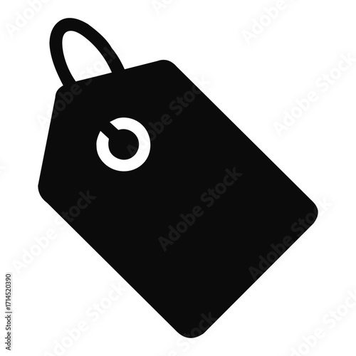 A black price tag icon with a hole for hanging, isolated on white background, representing cost, value, and retail