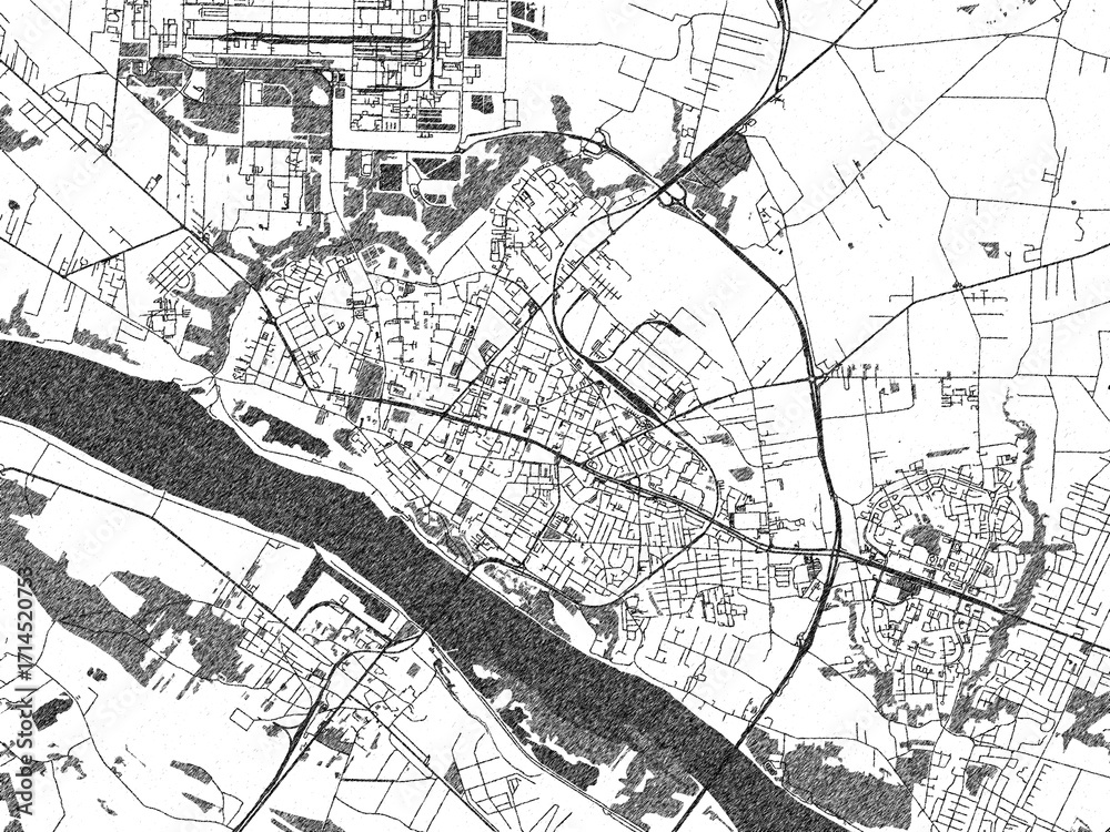 Naklejka premium Black and white illustrated map of Plock, Poland, with streets, rivers, and neighborhoods.