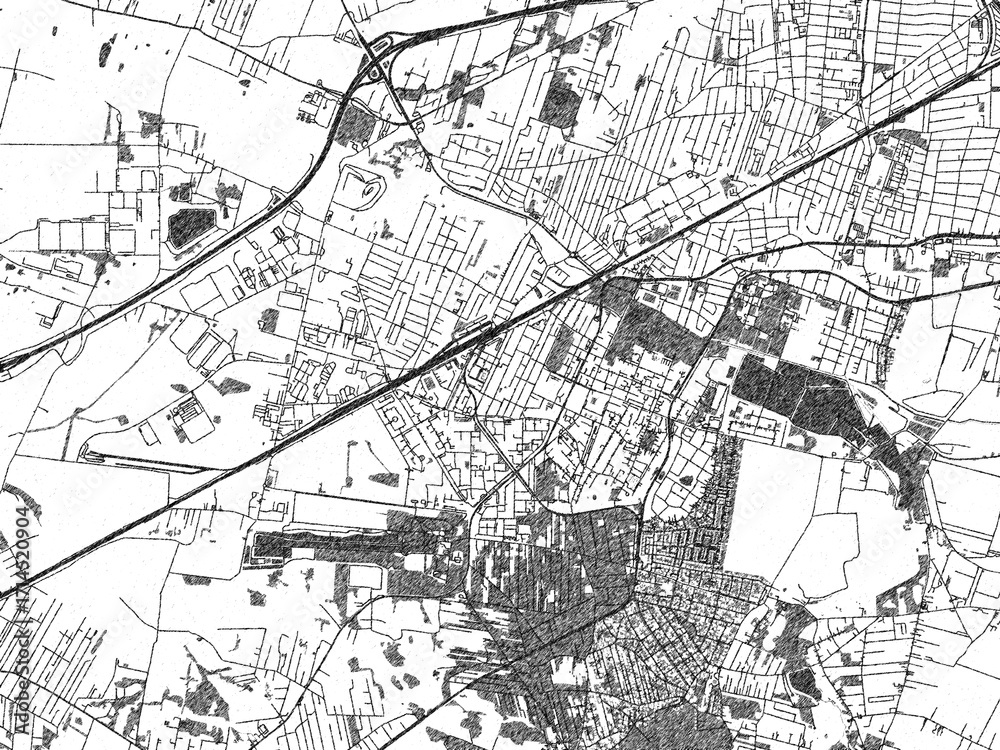 Fototapeta premium Monochrome hand-drawn map of Pruszkow, Poland, ideal for decorative and editorial use.