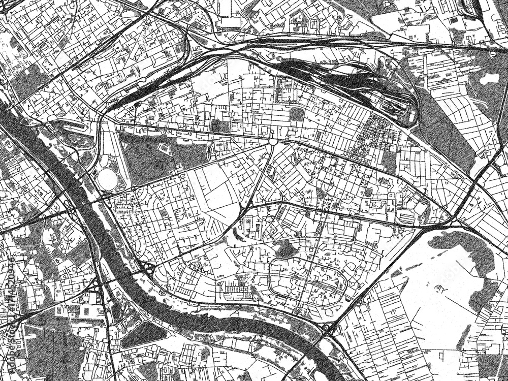 Naklejka premium Stylized black and white urban map of Praga Poludnie, Poland, hand-drawn for decor and creative use.