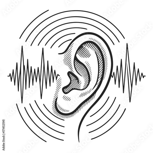 Illustration of an ear with sound waves in a circular pattern, , symbolizing auditory perception and the sense of hearing in a vintage style