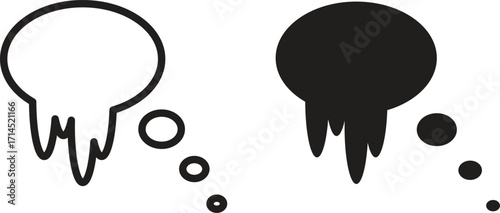 A cartoon thought bubble is melting, with two smaller bubbles trailing below it. It is shown in two versions: an outline and a solid black silhouette. The design has a playful yet melancholic vibe.
