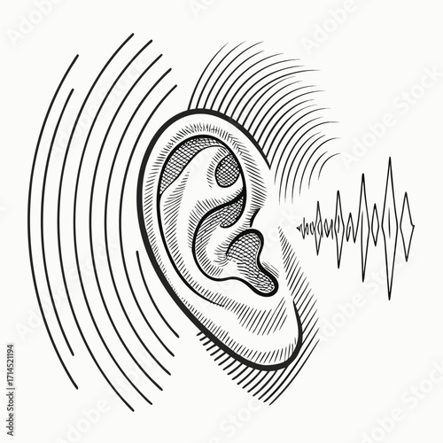 Vector art of detailed illustration of an ear with sound waves emanating from it, , representing hearing and auditory perception in a vintage artistic style