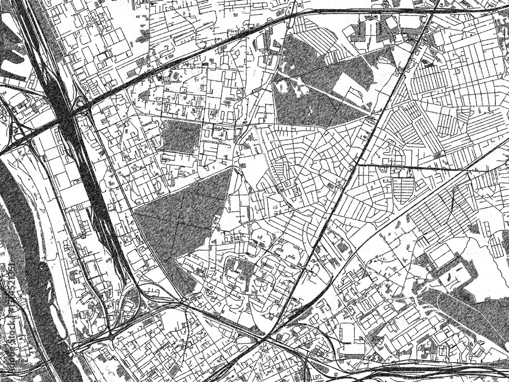 Fototapeta premium Black and white illustrated map of Targowek, Poland, with streets, rivers, and neighborhoods.