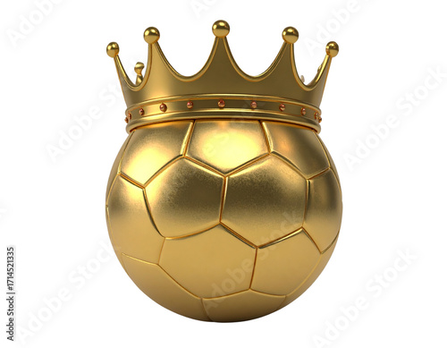 Angled Side View of Gold Soccer Ball Wearing Regal Crown, 3D Render, Isolated on Transparent Background.