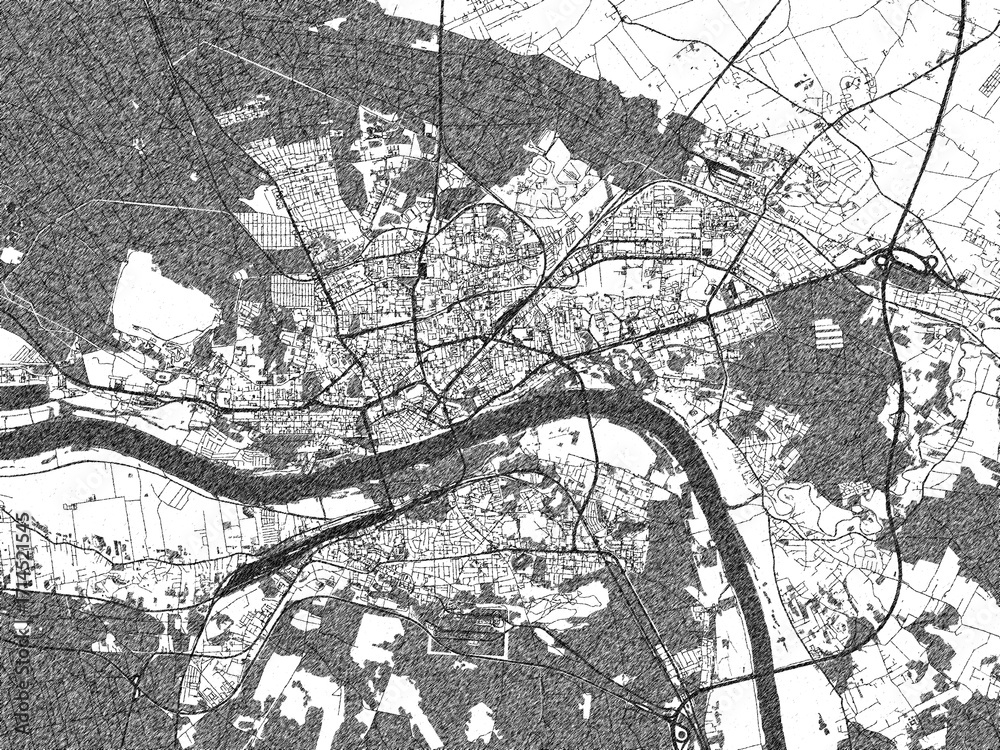 Obraz premium Monochrome hand-drawn map of Torun, Poland, ideal for decorative and editorial use.