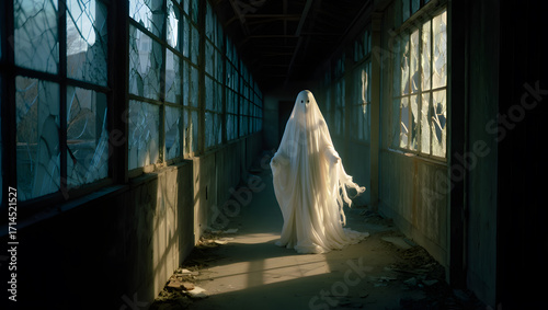 Ethereal Ghost Figure in Abandoned Building: Dark, Moody Wallpaper, Spooky, Cute Halloween Theme.