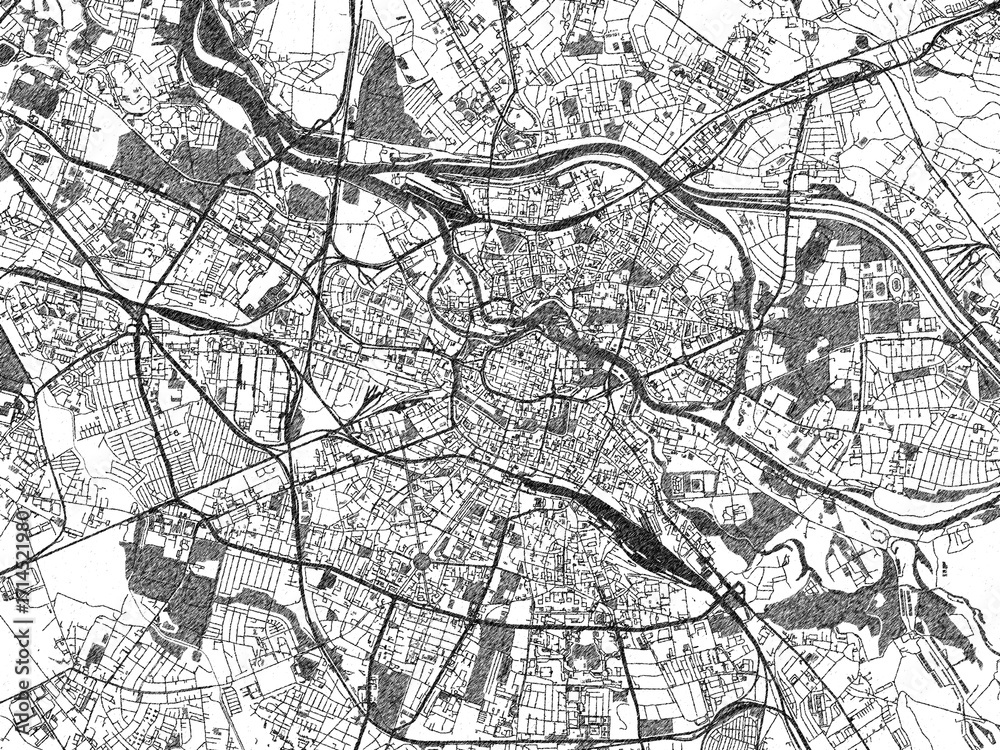 Fototapeta premium Hand-drawn style black and white city map of Wroclaw, Poland, ready for wall art or editorial projects.