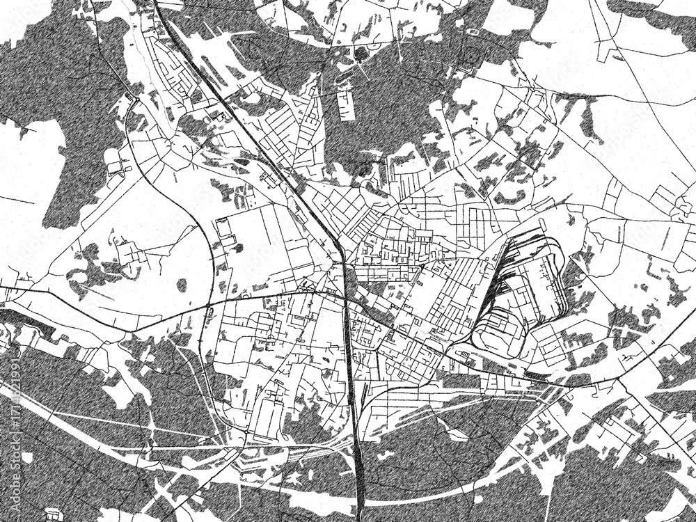 Fototapeta premium Hand-drawn style black and white city map of Zawiercie, Poland, with detailed streets and textures.