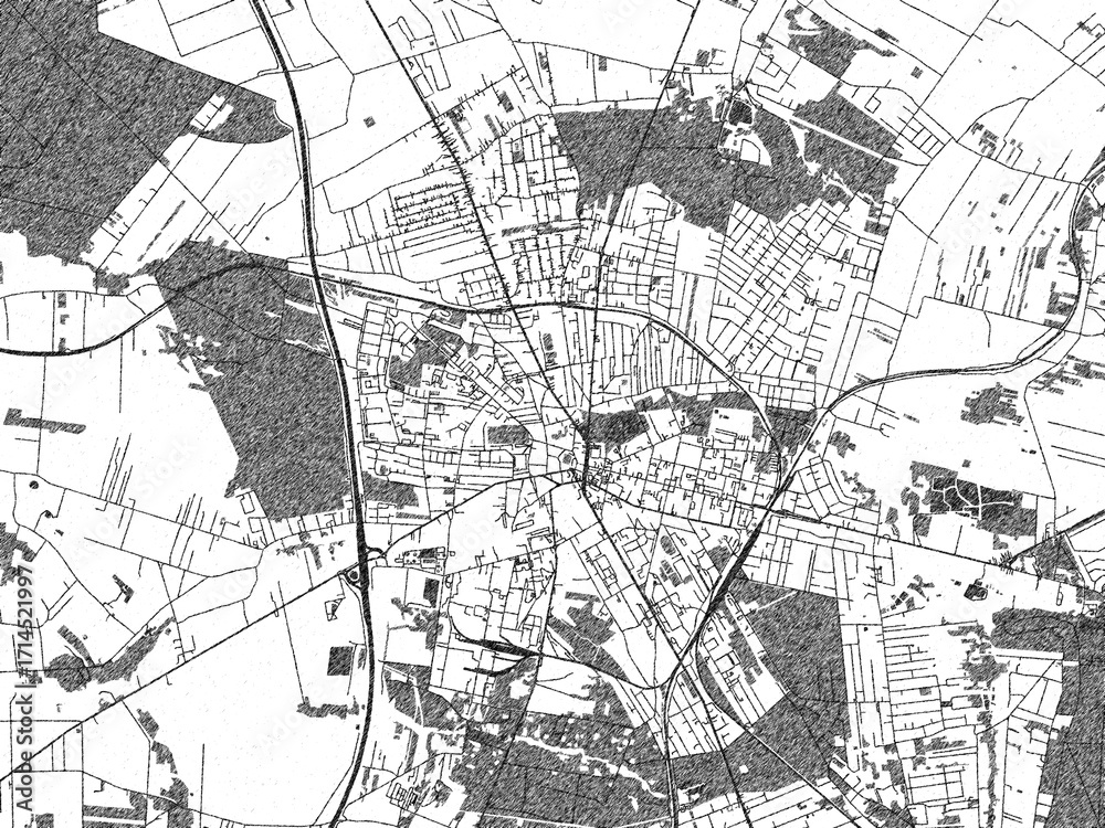 Fototapeta premium Detailed artistic sketch map of Zgierz, Poland, in monochrome black and white.