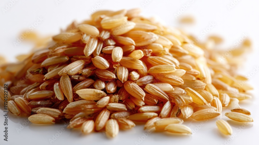 Obraz premium Golden Grain's Abundance: A close-up of a pile of golden grains, evoking the essence of healthy eating and culinary delight.