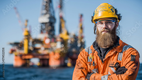 Portrait of an oil and gas worker at an offshore drilling site under clear skies