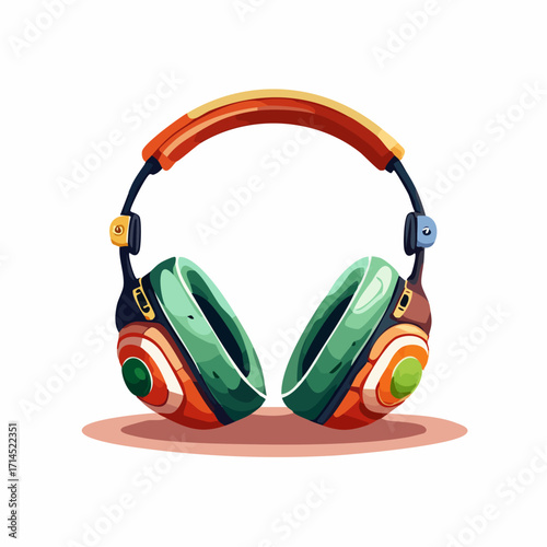Colorful cartoon headphones with orange headband and green earcups.