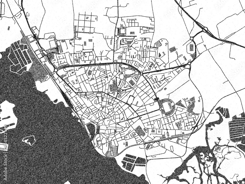 Obraz premium Poster-ready black and white illustration map of Faro, Portugal, detailed and artistic.