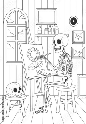 Skeleton artist painting a sunflower illustration for halloween coloring books