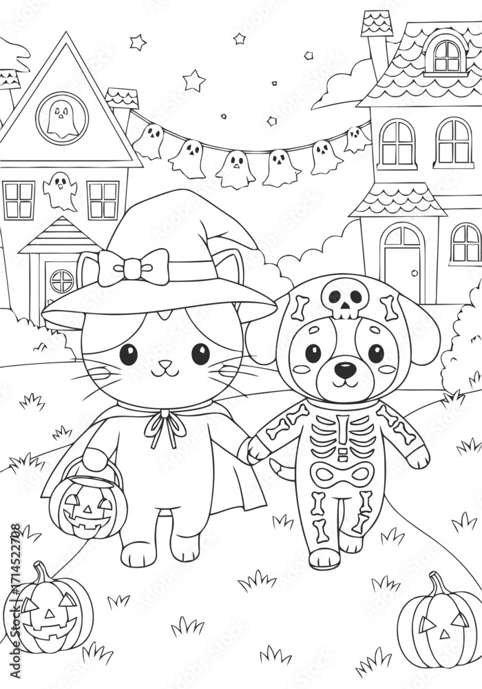 Fototapeta premium Adorable Halloween Coloring Book Spooky Cute Cat & Dog