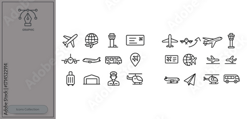 Creative airport and travel icons depicting planes, terminals, and travel activities for modern design