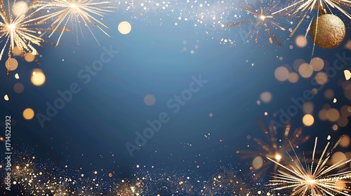 Sparkling Gold and Blue Background with Glittering Lights and Fireworks for Celebration or Holiday Event Decoration