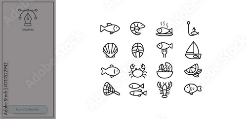 Illustrations of different seafood and fishing elements, featuring fish, shrimp, and shells, ideal for culinary or nautical themes