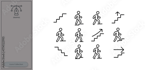 Various stick figure icons depicting walking, climbing stairs, and other movements in a simple and clear style for instructional purposes